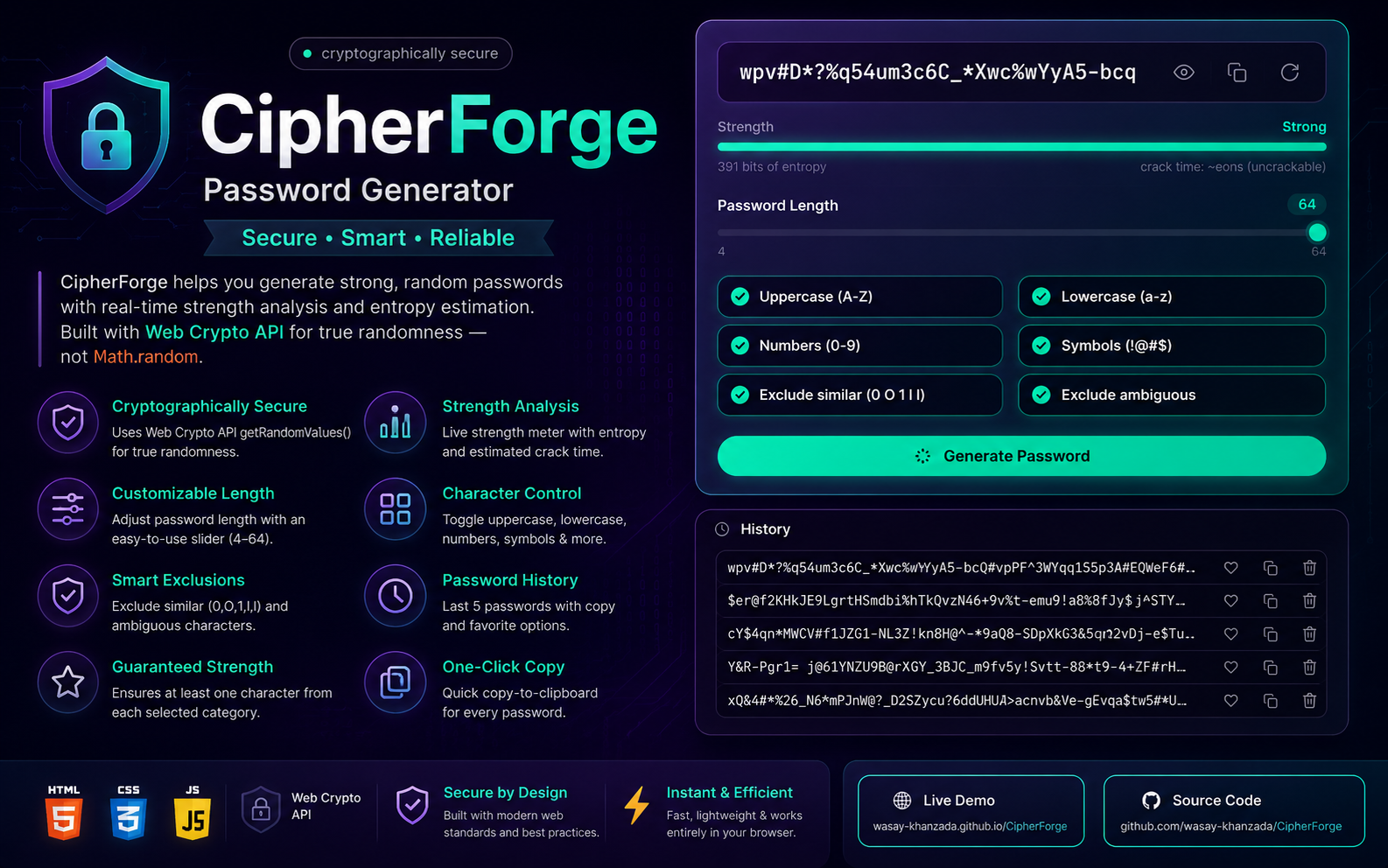 CipherForge — Password Generator — Secure Password Generator with Strength Analysis