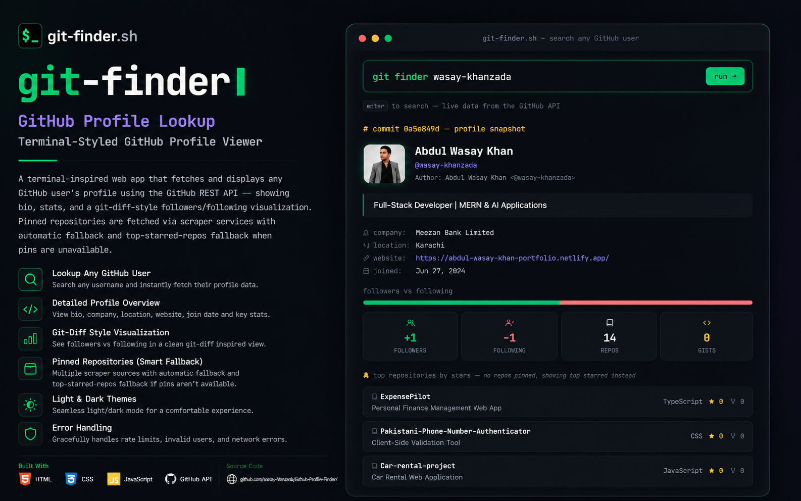 Git-Finder — GitHub Profile Lookup — Terminal-Styled GitHub Profile Viewer