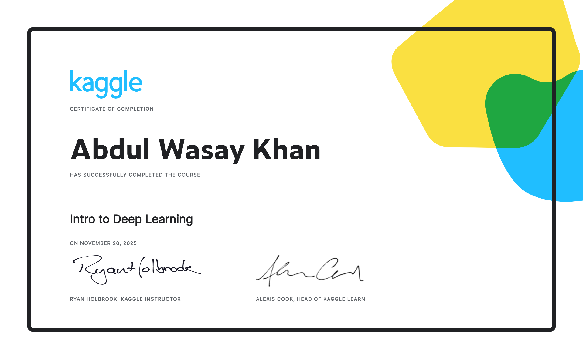 Intro to Deep Learning certificate by Kaggle