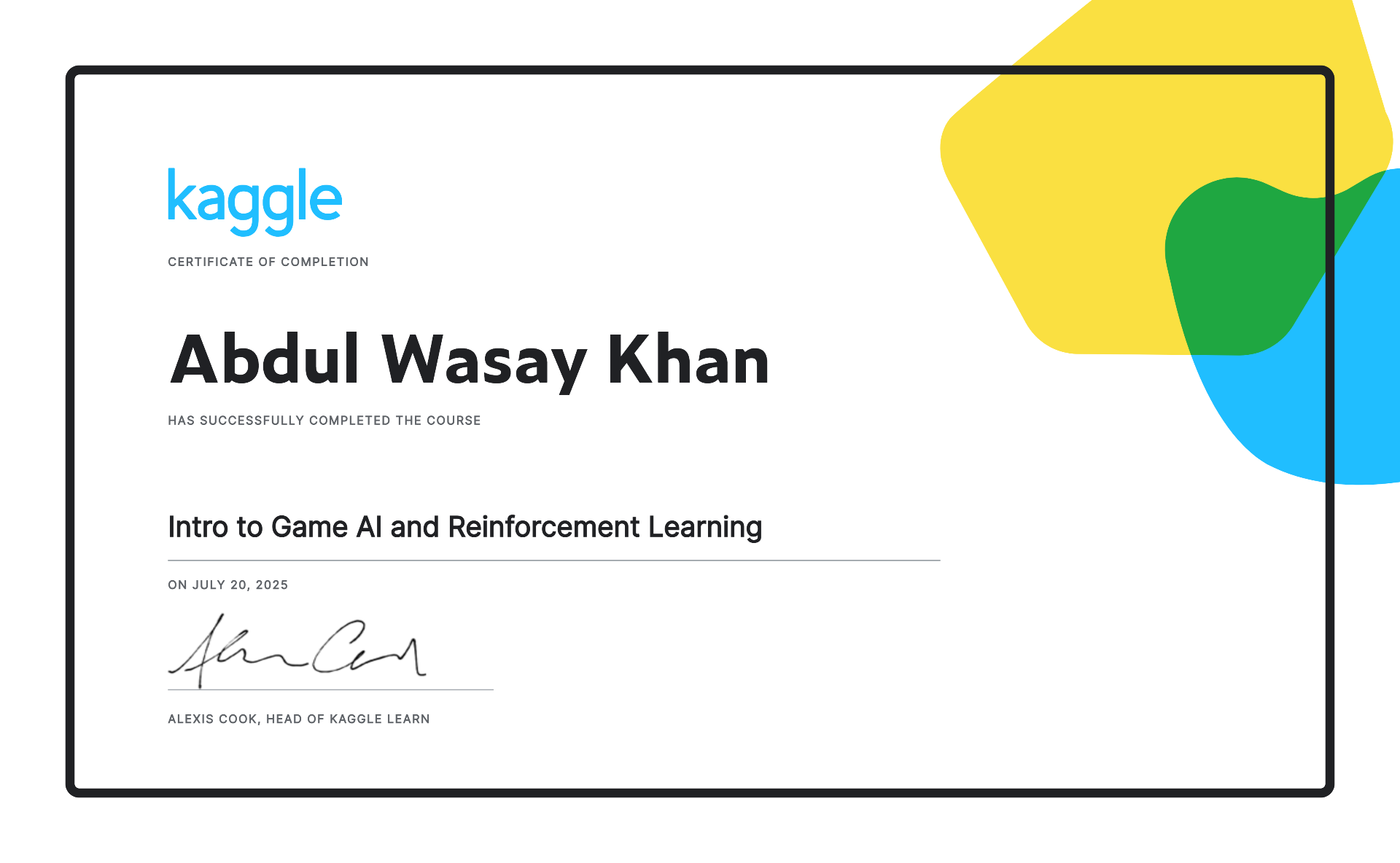 Intro to Game AI & Reinforcement Learning certificate by Kaggle