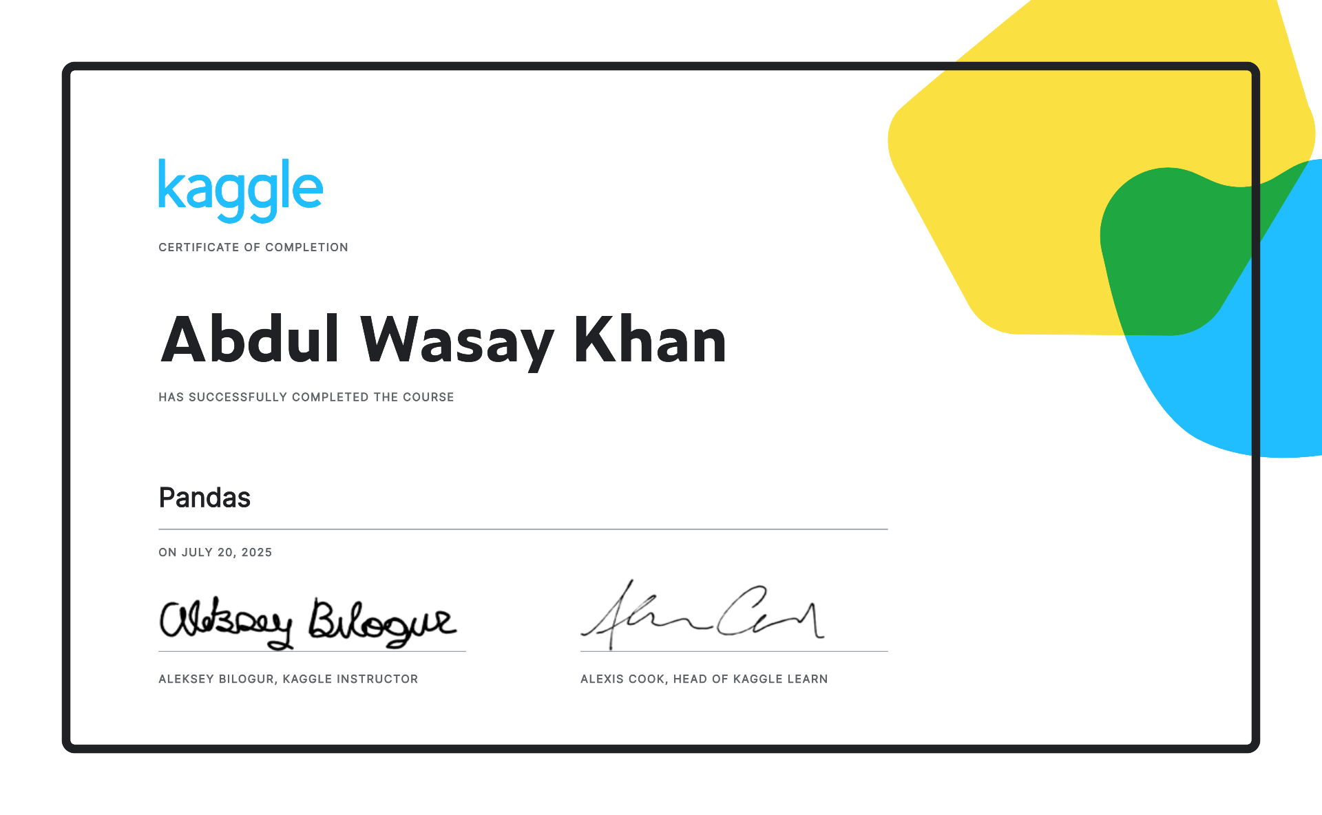 Pandas certificate by Kaggle