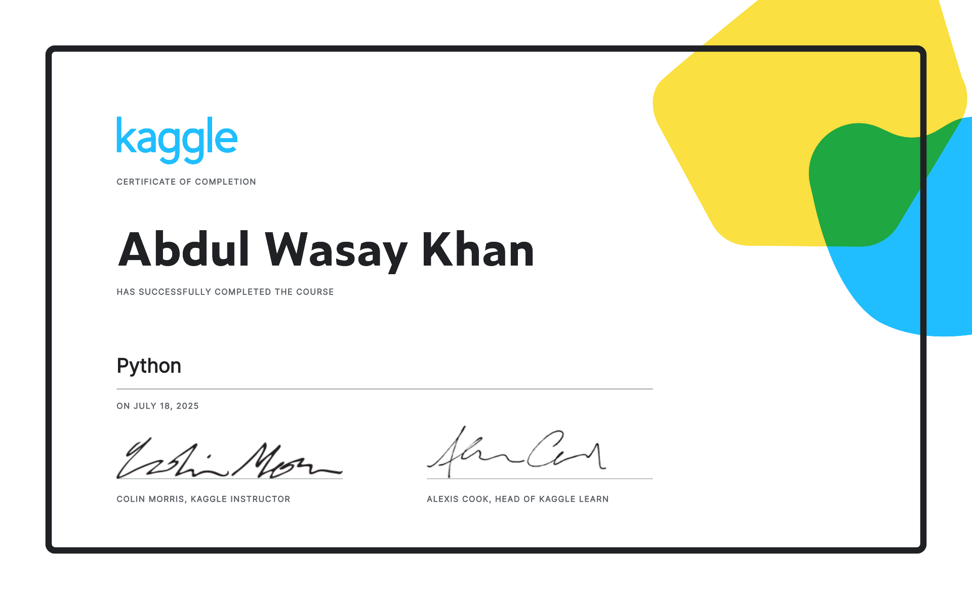 Python certificate by Kaggle